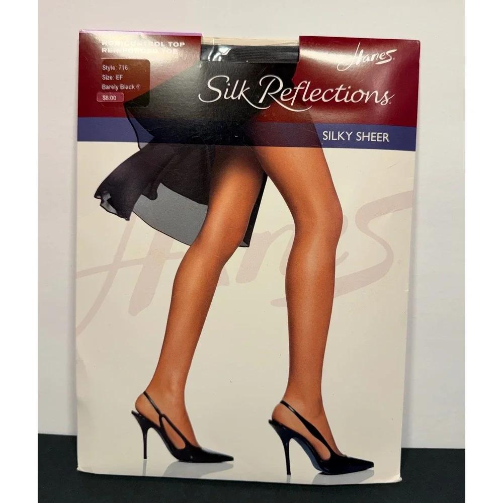 Hanes Silk Reflections Silky Sheer Pantyhose Barely Black EF 716 Reinforced Toe
